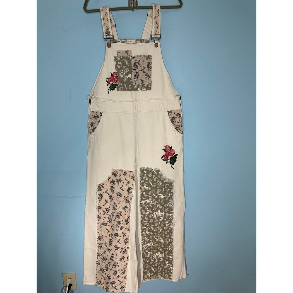 POL Cream Floral Patchwork Embroidered Overalls
